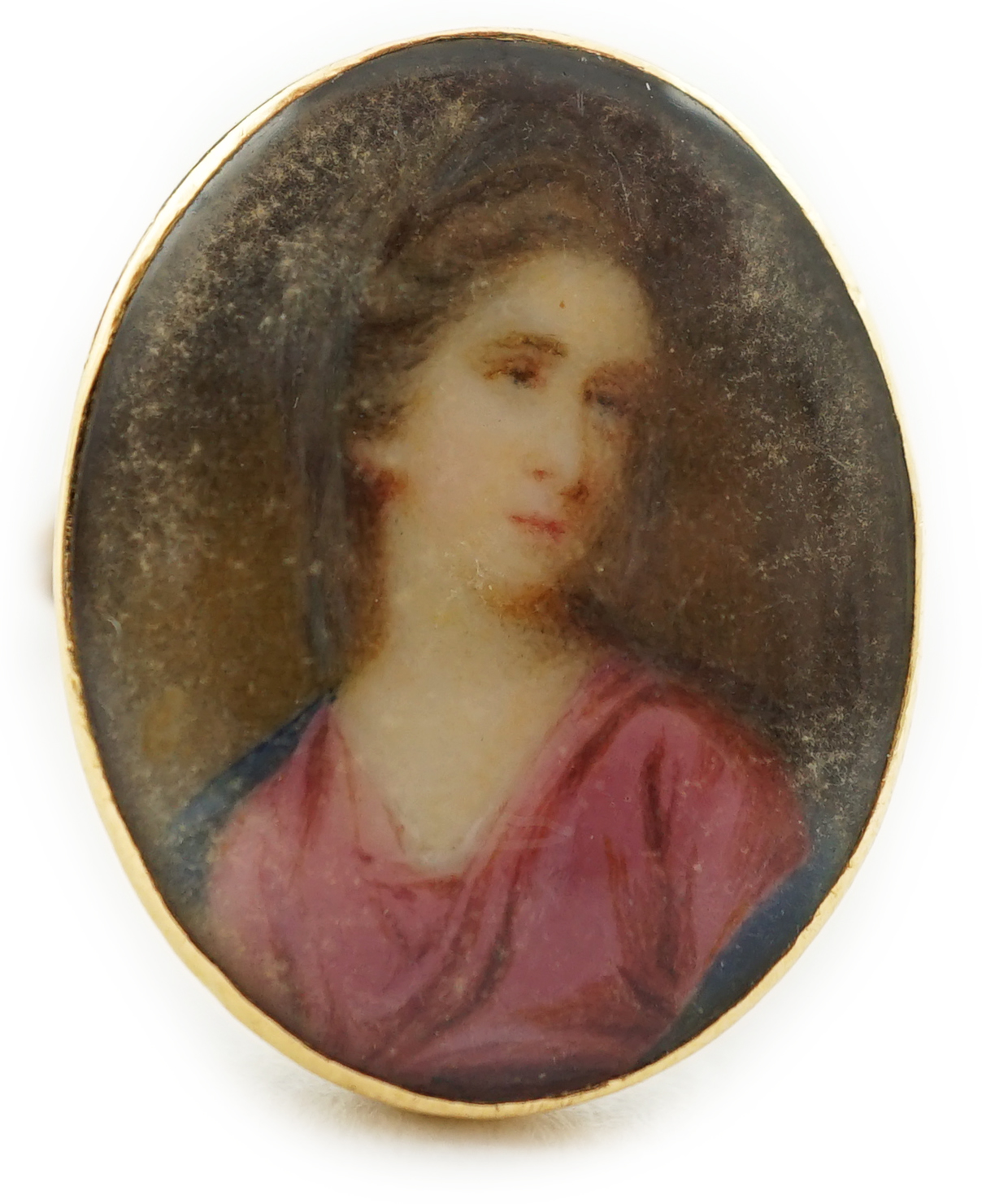 A George III gold memorial ring inset with an ivory miniature of a lady